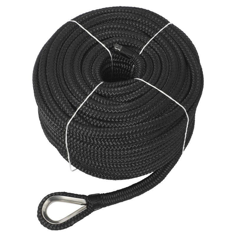 NovelBee 1/2" x 150' Double Braid Nylon Anchor Line with Stainless Steel Thimble,Safe Workload:1,020 Lbs;Tensile Strength:5,100 Lbs (Black) - Image 1